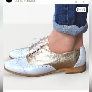 White leather and gold croc Julia Bo oxfords
